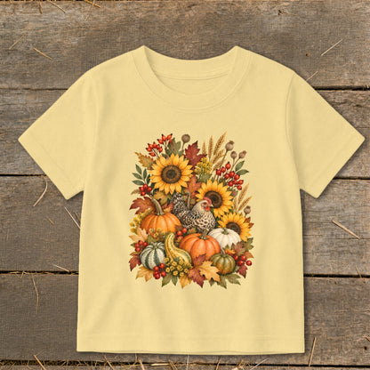 Yellow t-shirt with a watercolor autumn harvest design of pumpkins, sunflowers, and chickens.