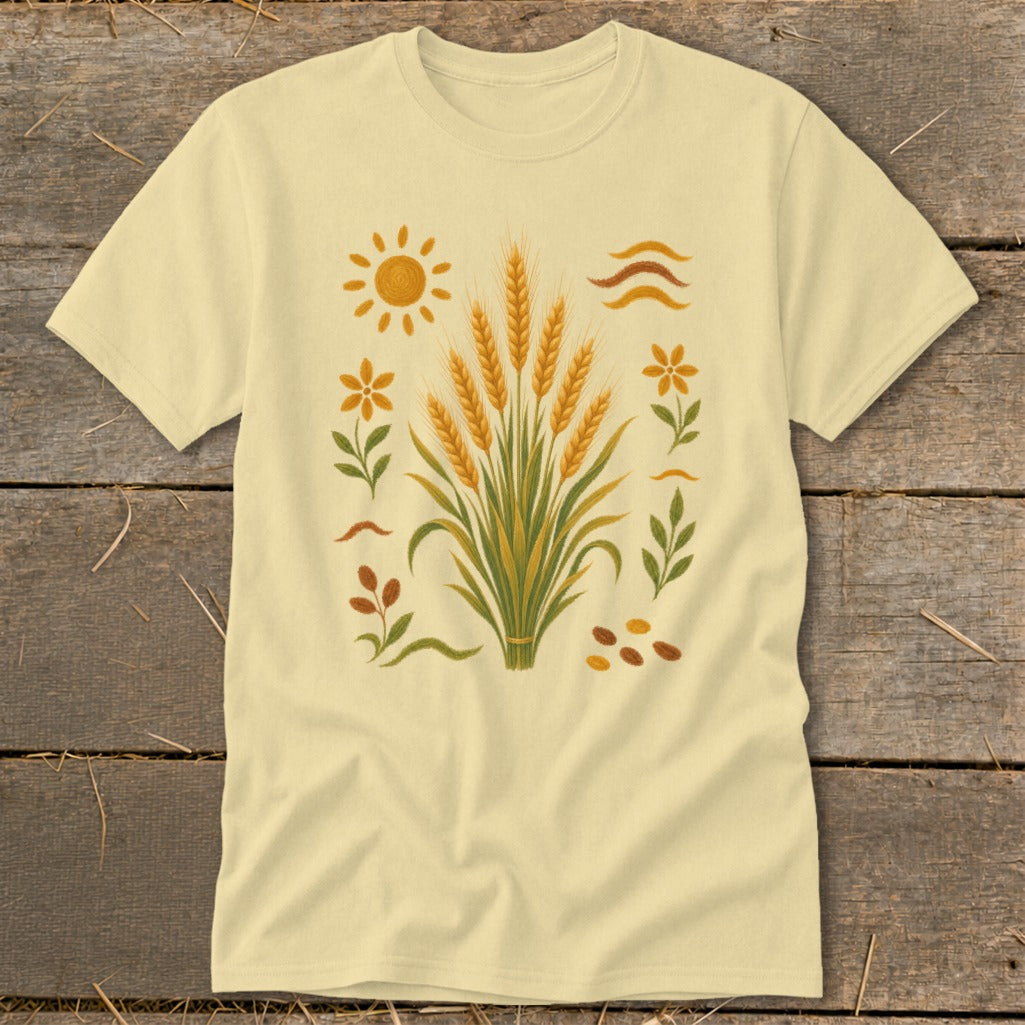 T-shirt with wheat stalks, sun, flowers, and seed design.