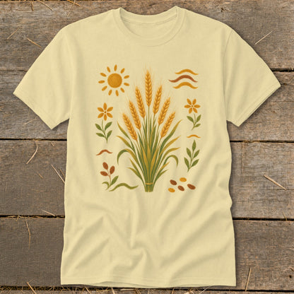 T-shirt with wheat stalks, sun, flowers, and seed design.