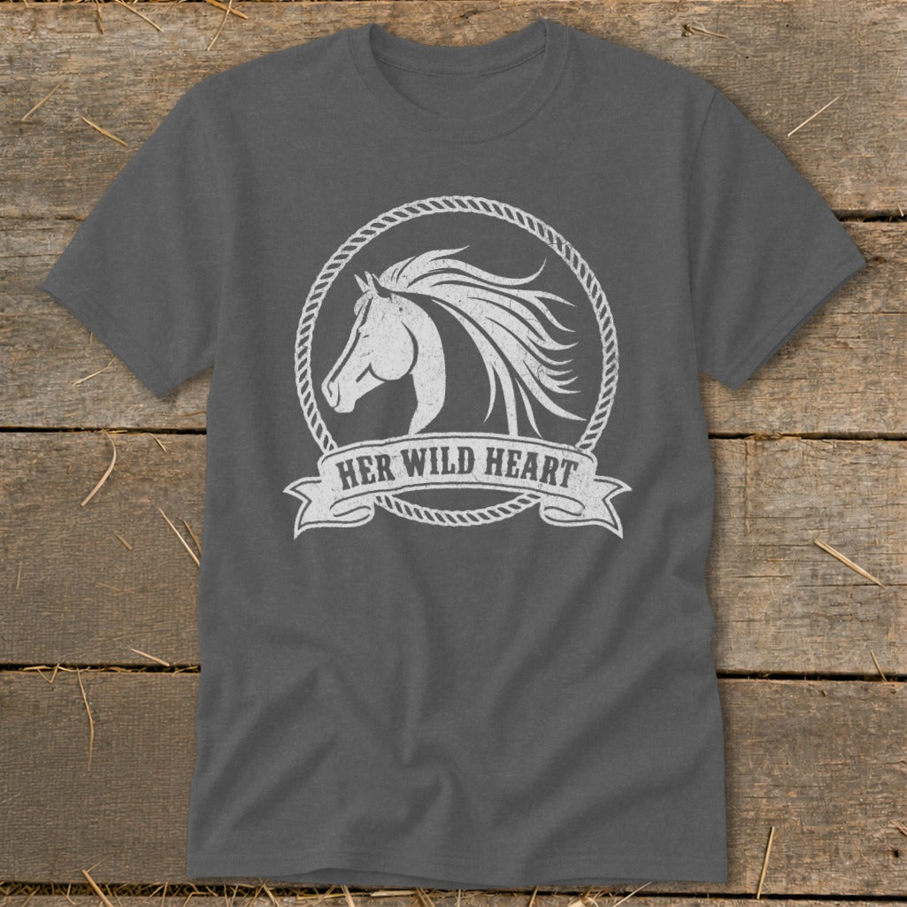 Dark gray t-shirt with white distressed horse head graphic and "Her Wild Heart" text.