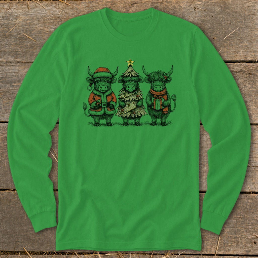 Three Highland cows in Christmas attire: one in Santa suit, one as a tree, one with a gift.