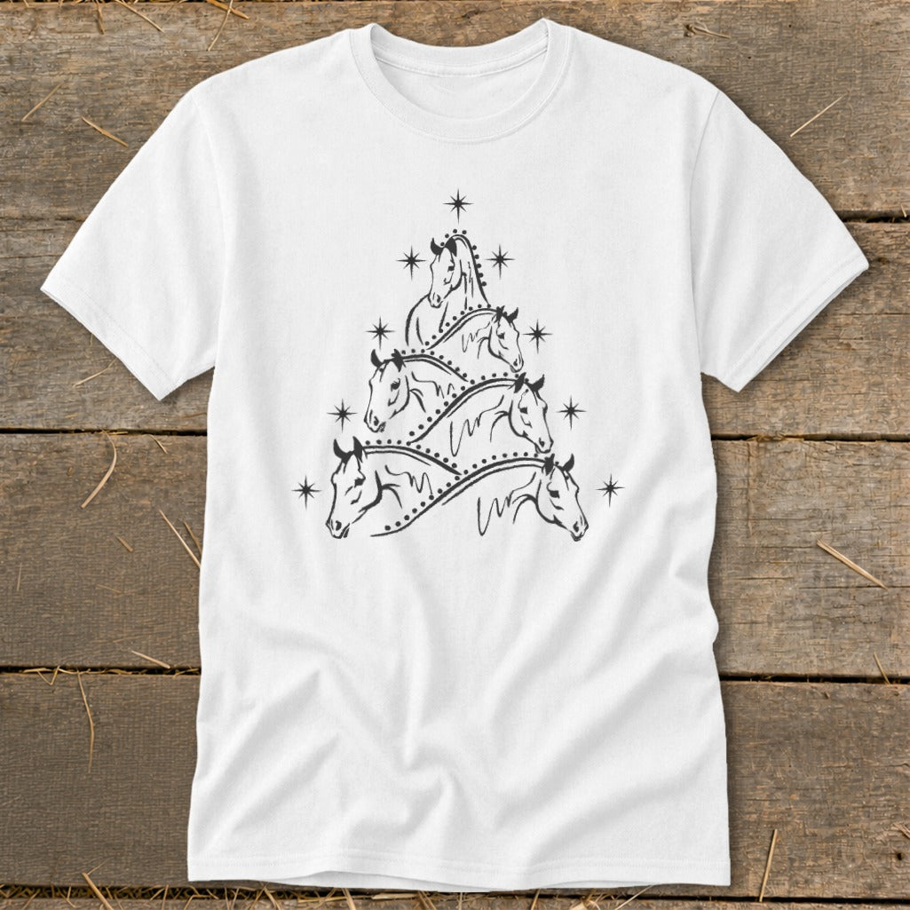 White t-shirt with a black line drawing of horses forming a Christmas tree.