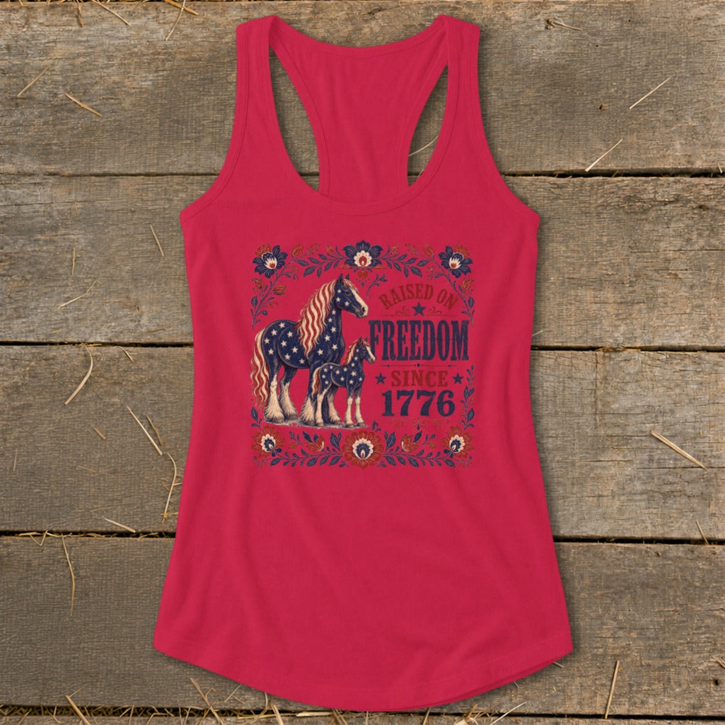 Tank top with two horses and "Raised on Freedom Since 1776" text.