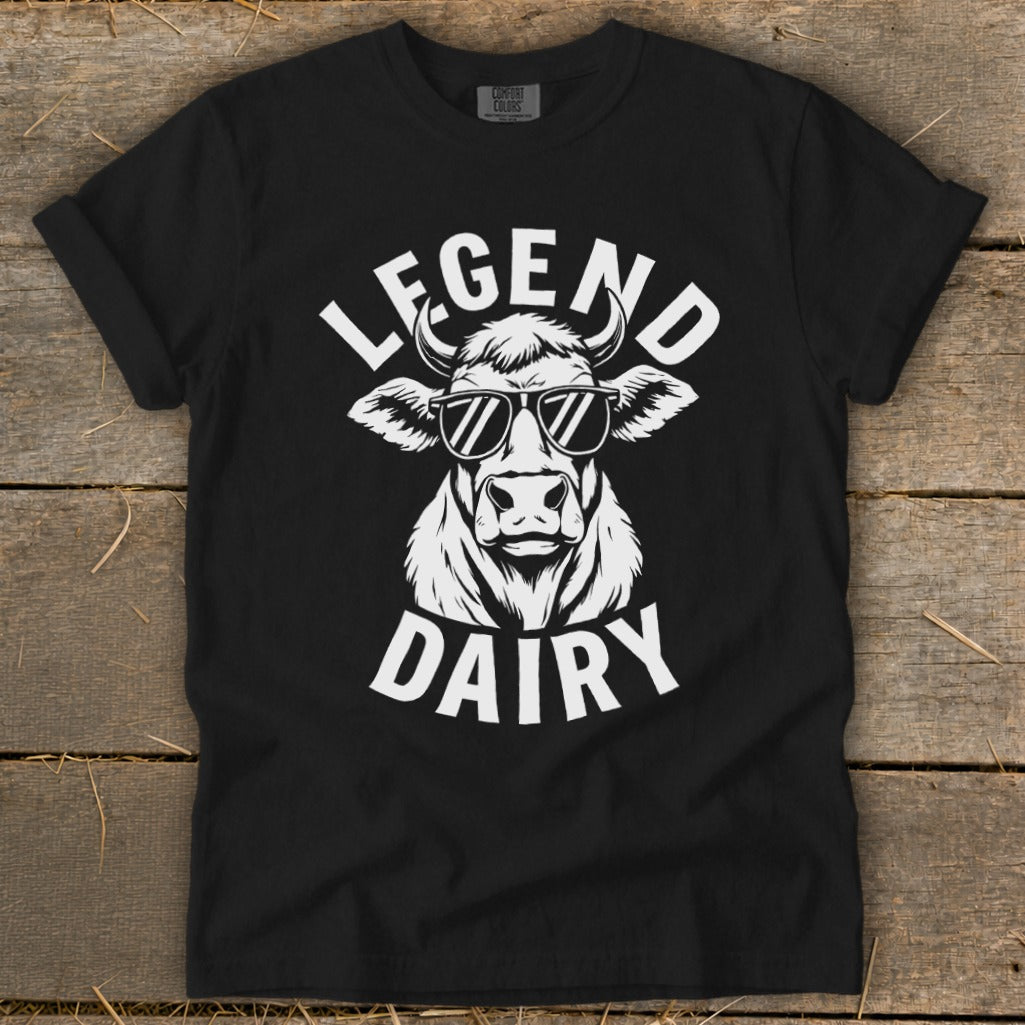 Black t-shirt with white text "LEGEND DAIRY" and a cow wearing sunglasses.