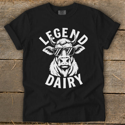 Black t-shirt with white text "LEGEND DAIRY" and a cow wearing sunglasses.