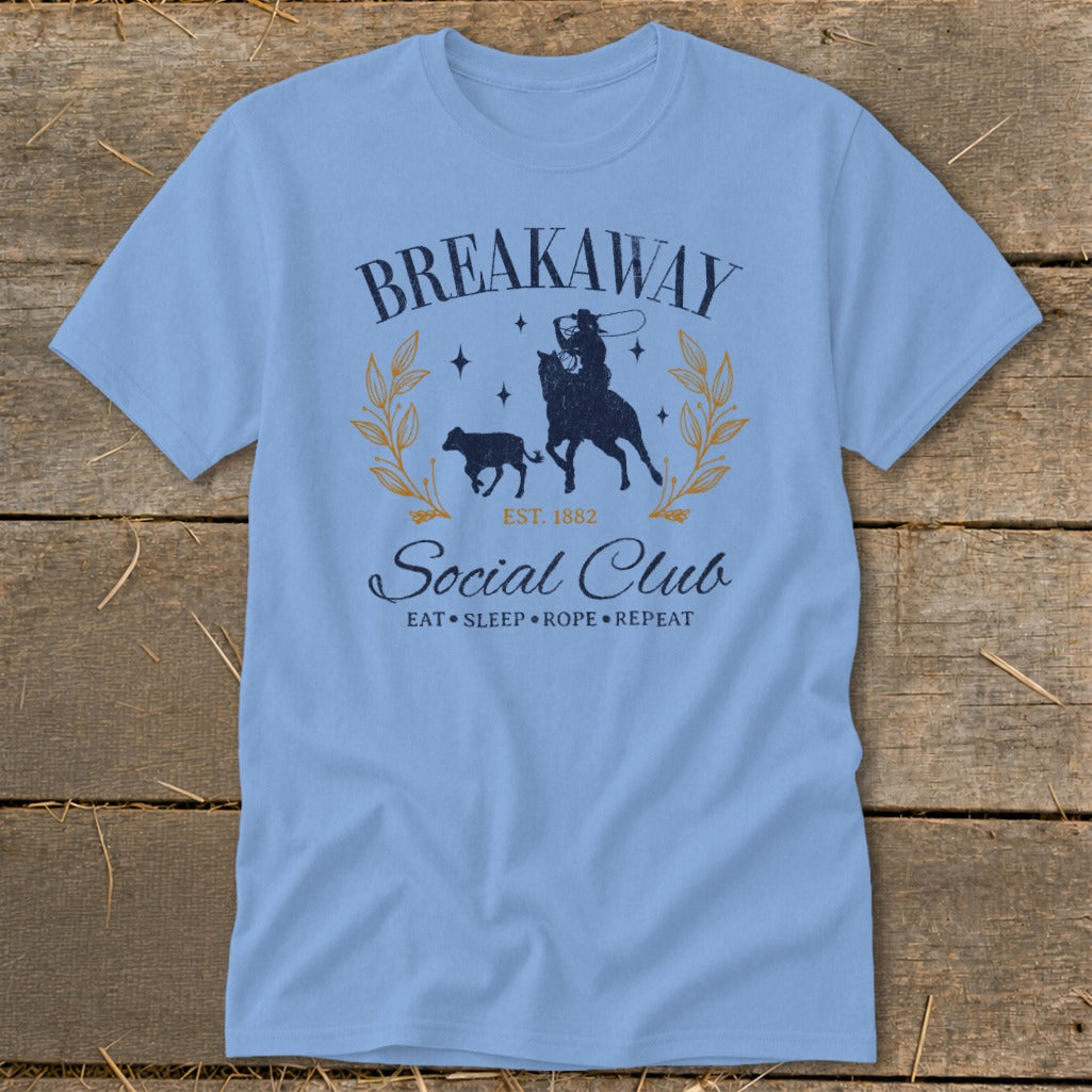 Light blue t-shirt with "Breakaway Social Club" text and rodeo graphic.