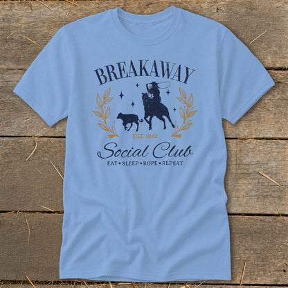 Light blue t-shirt with "Breakaway Social Club" text and rodeo graphic.