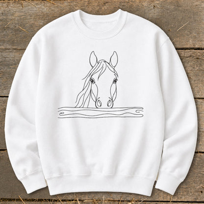 White sweatshirt with a black line drawing of a horse's head above wavy lines.