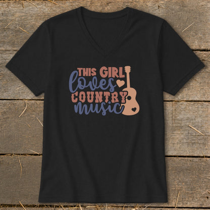 Black v-neck t-shirt with "This Girl Loves Country Music" text and guitar graphic.