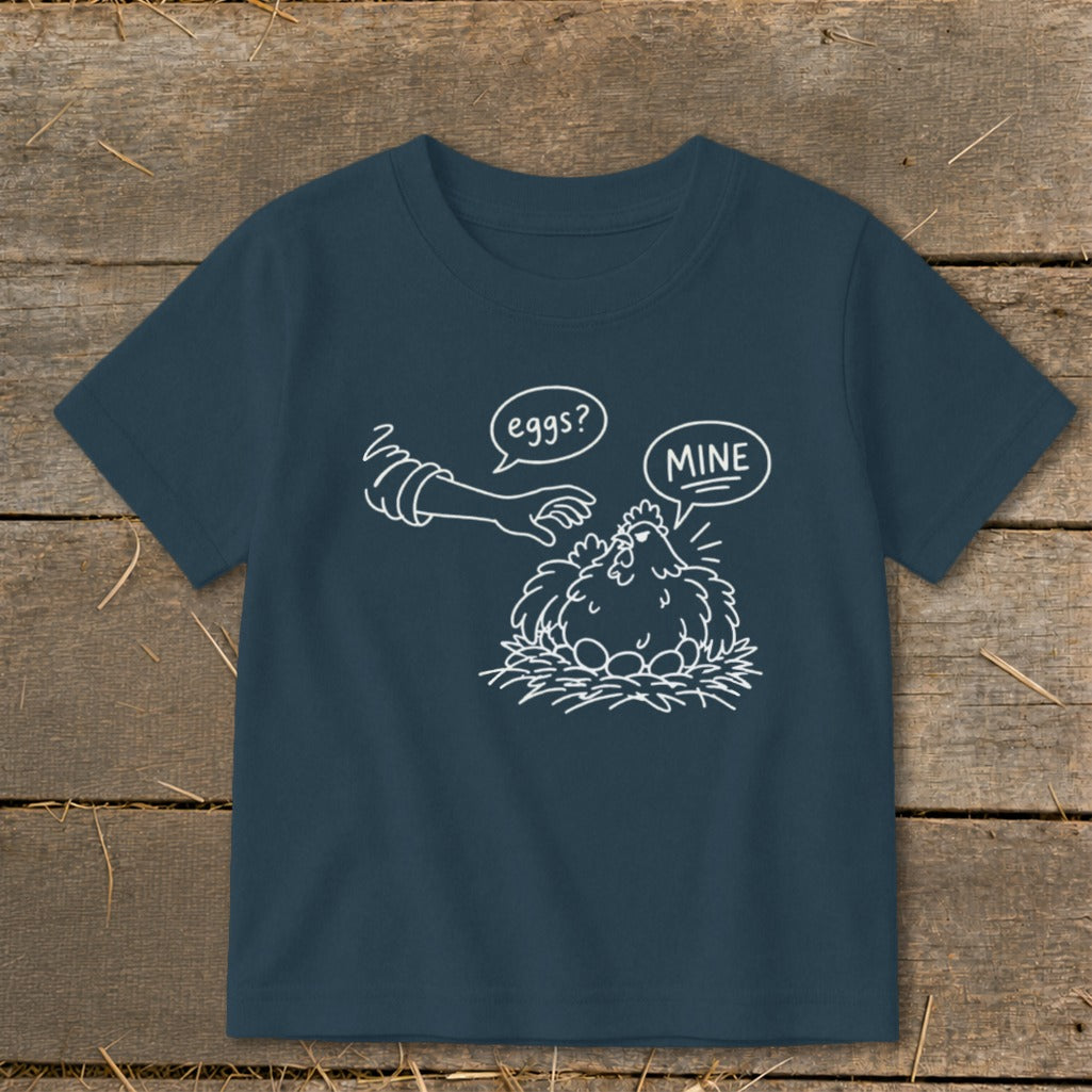 Line art of chicken protecting its eggs with text "eggs?" and "MINE".