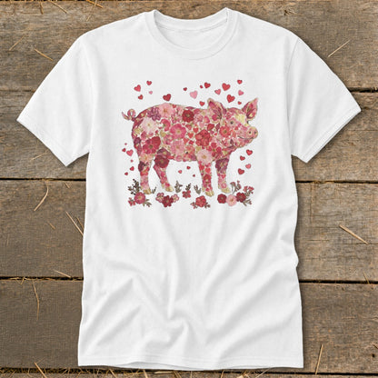 White t-shirt with floral pig and heart graphic.