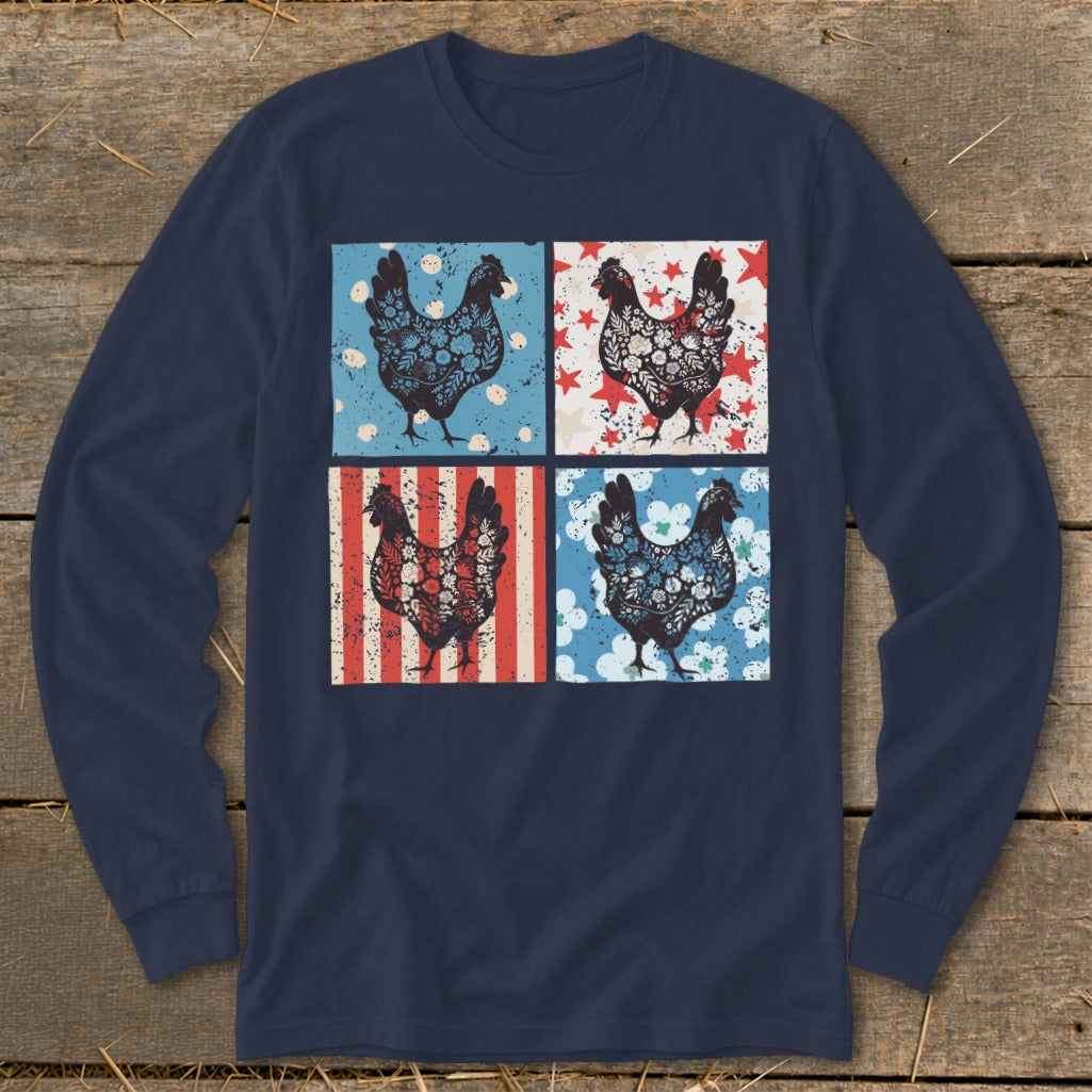Four chickens with floral patterns on patriotic backgrounds on a navy long-sleeve shirt.