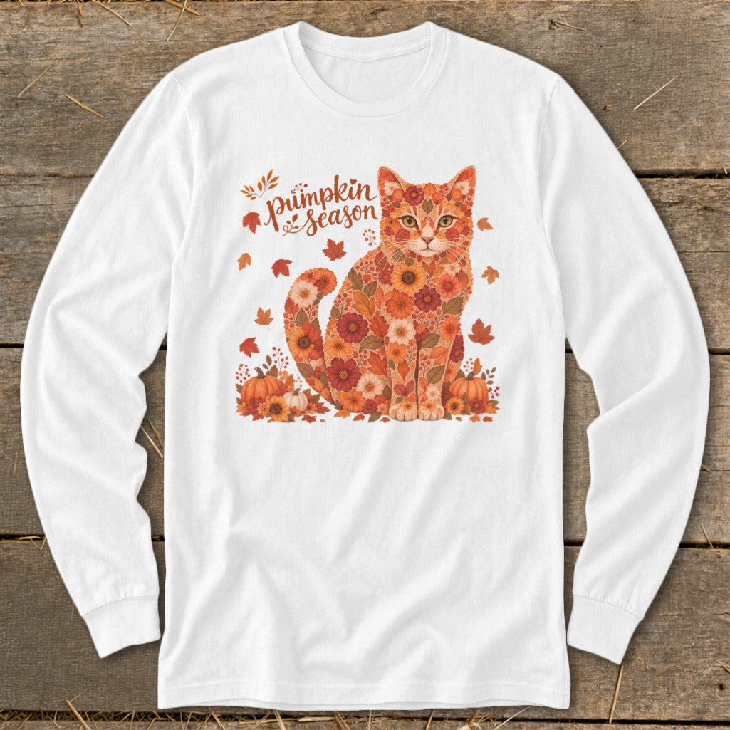 Cat made of flowers with pumpkins and "Pumpkin Season" text.