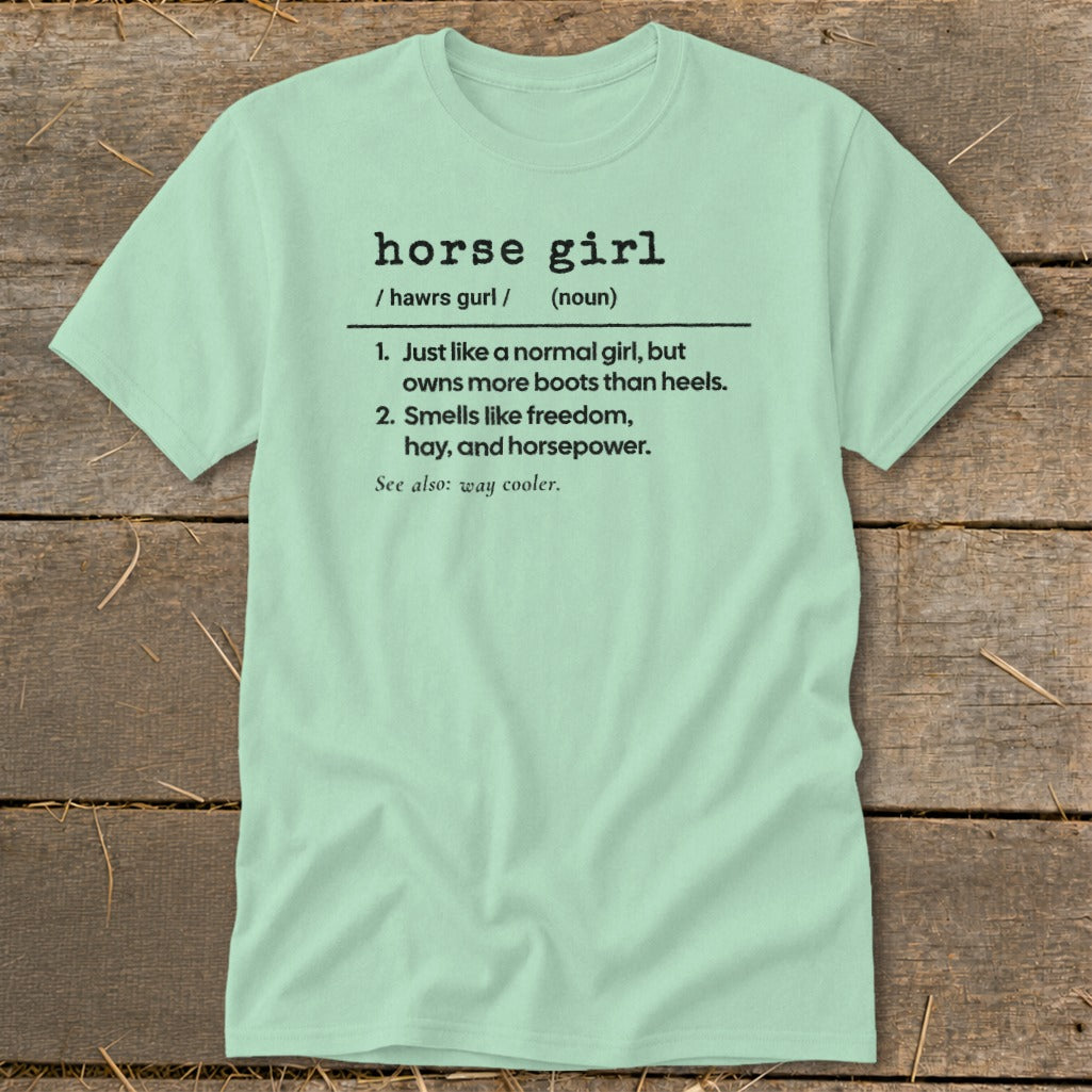 Light blue t-shirt with "horse girl" definition and humor.