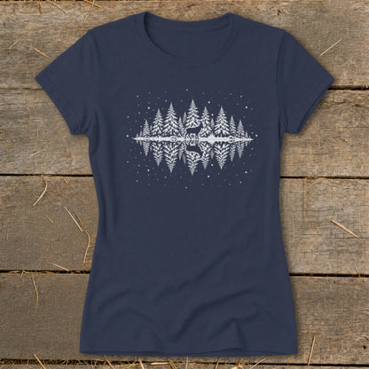 Dark blue t-shirt with a white graphic of a deer and pine trees reflected in water.