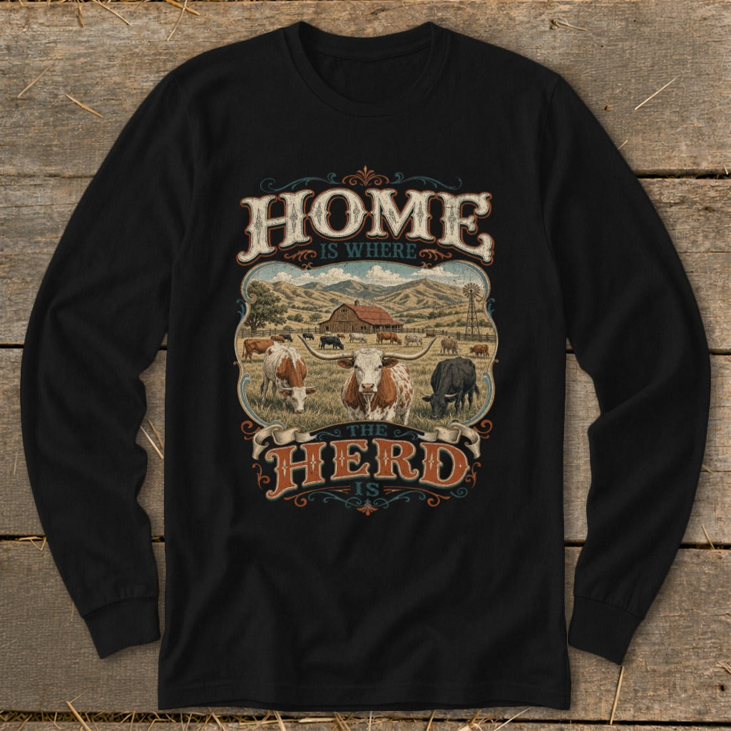 Graphic with cows and barn, reads "Home Is Where The Herd Is".