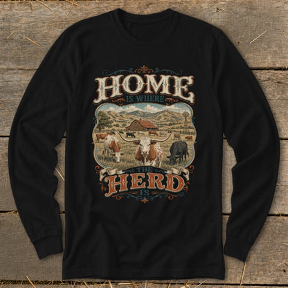 Graphic with cows and barn, reads "Home Is Where The Herd Is".