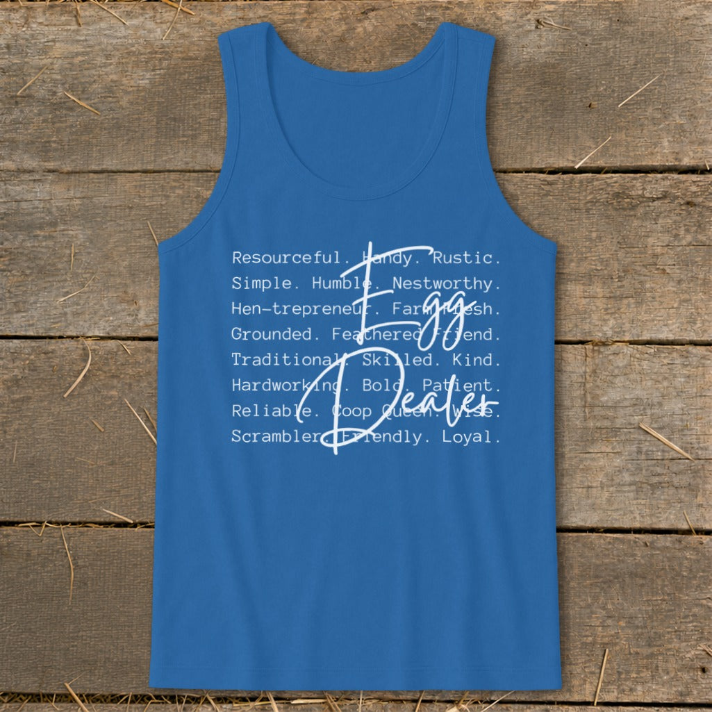 Blue tank top with white text listing chicken-related adjectives and "Egg Dealer".
