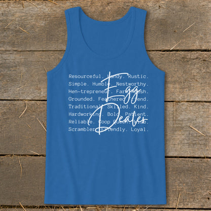 Blue tank top with white text listing chicken-related adjectives and "Egg Dealer".