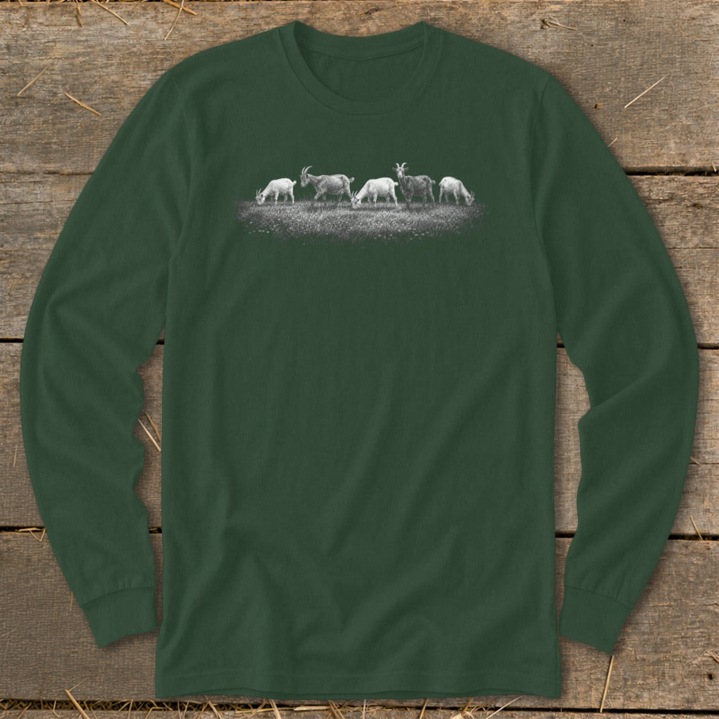 Dark green long sleeve t-shirt with a graphic of five goats grazing in a field.