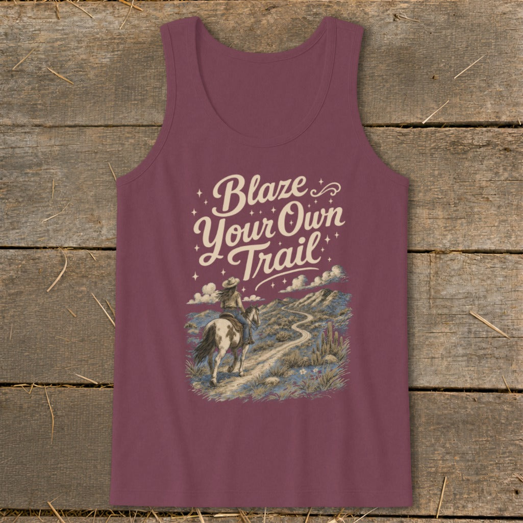 Tank top with "Blaze Your Own Trail" text and horse rider in a desert landscape.