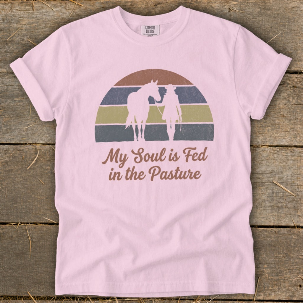 Pink t-shirt with cowboy, horse, and "My Soul is Fed in the Pasture" text.