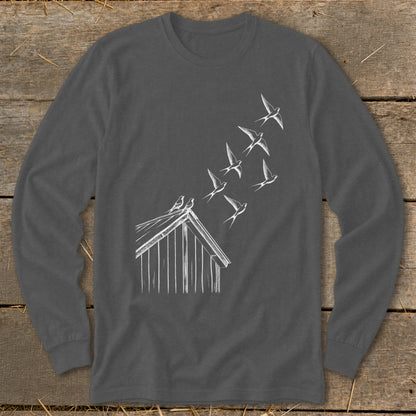 Dark gray long-sleeve t-shirt with a white line drawing of birds flying from a barn roof.