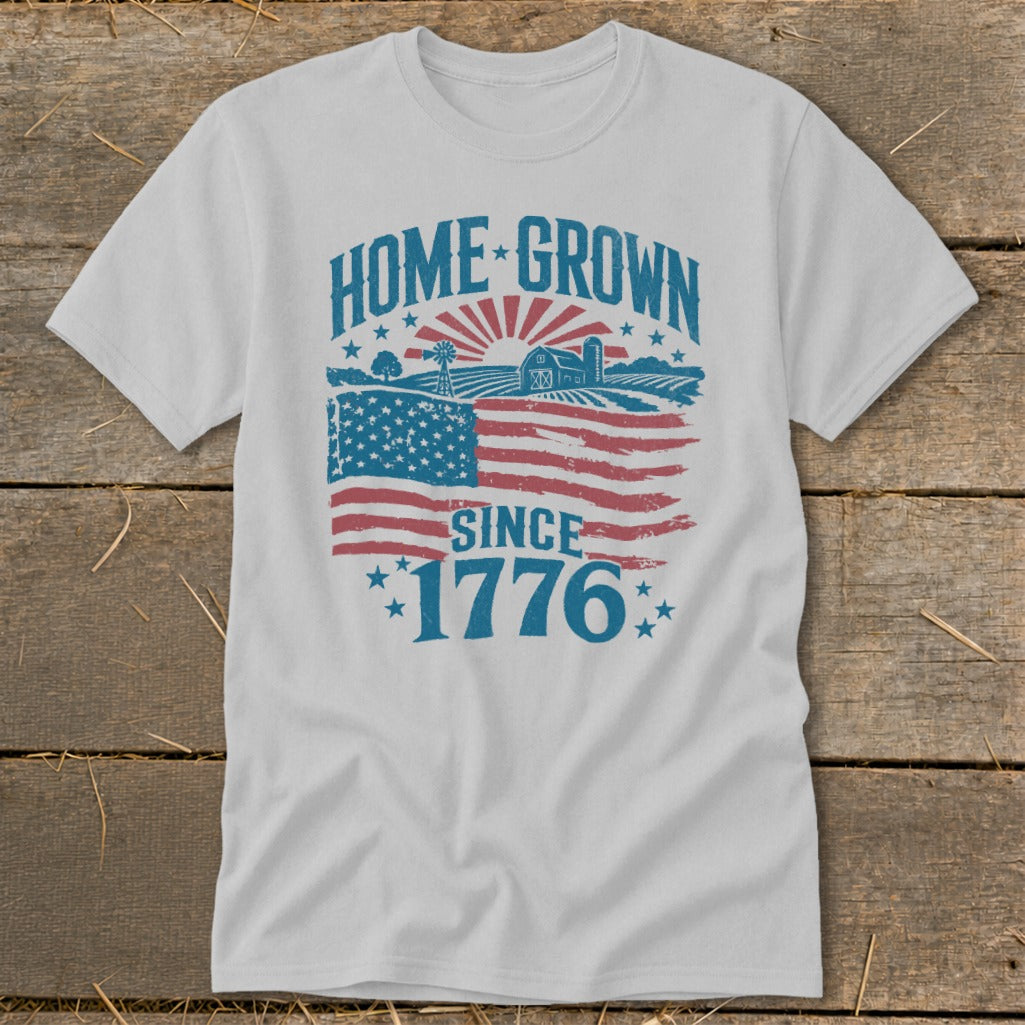 White t-shirt with "HOME GROWN SINCE 1776" text and American flag farm graphic.