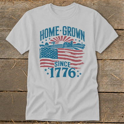 White t-shirt with "HOME GROWN SINCE 1776" text and American flag farm graphic.