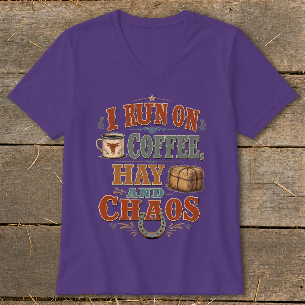 Purple v-neck t-shirt with "I run on coffee, hay and chaos" text and graphics.