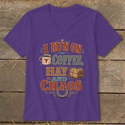 Purple v-neck t-shirt with "I run on coffee, hay and chaos" text and graphics.