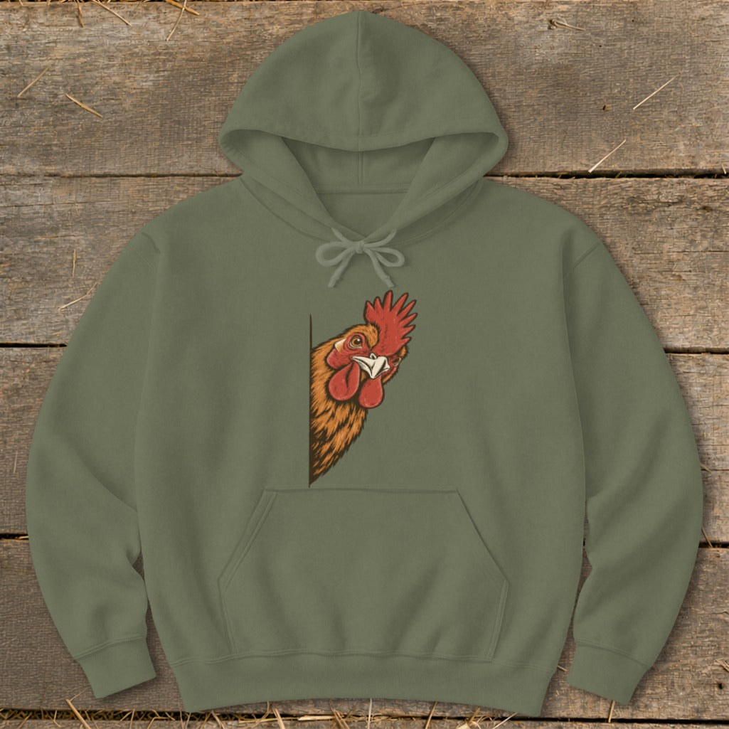 Olive green hoodie with a peeking rooster graphic on the left chest.
