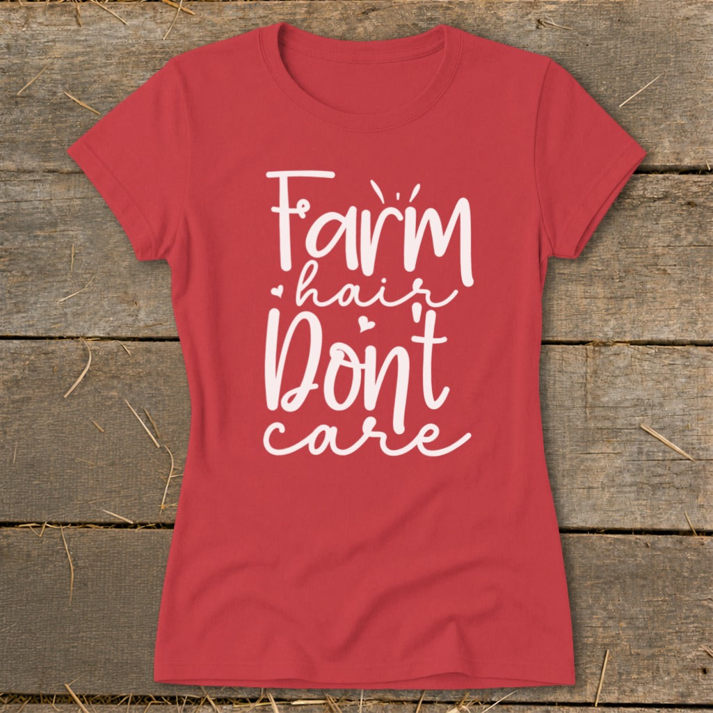 Red t-shirt with white text "Farm hair Don't care" and small hearts.