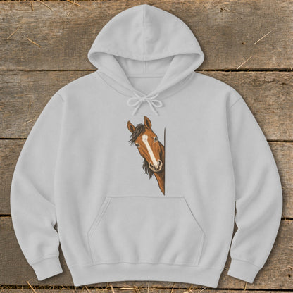 White hoodie with a drawing of a horse peeking from the side.