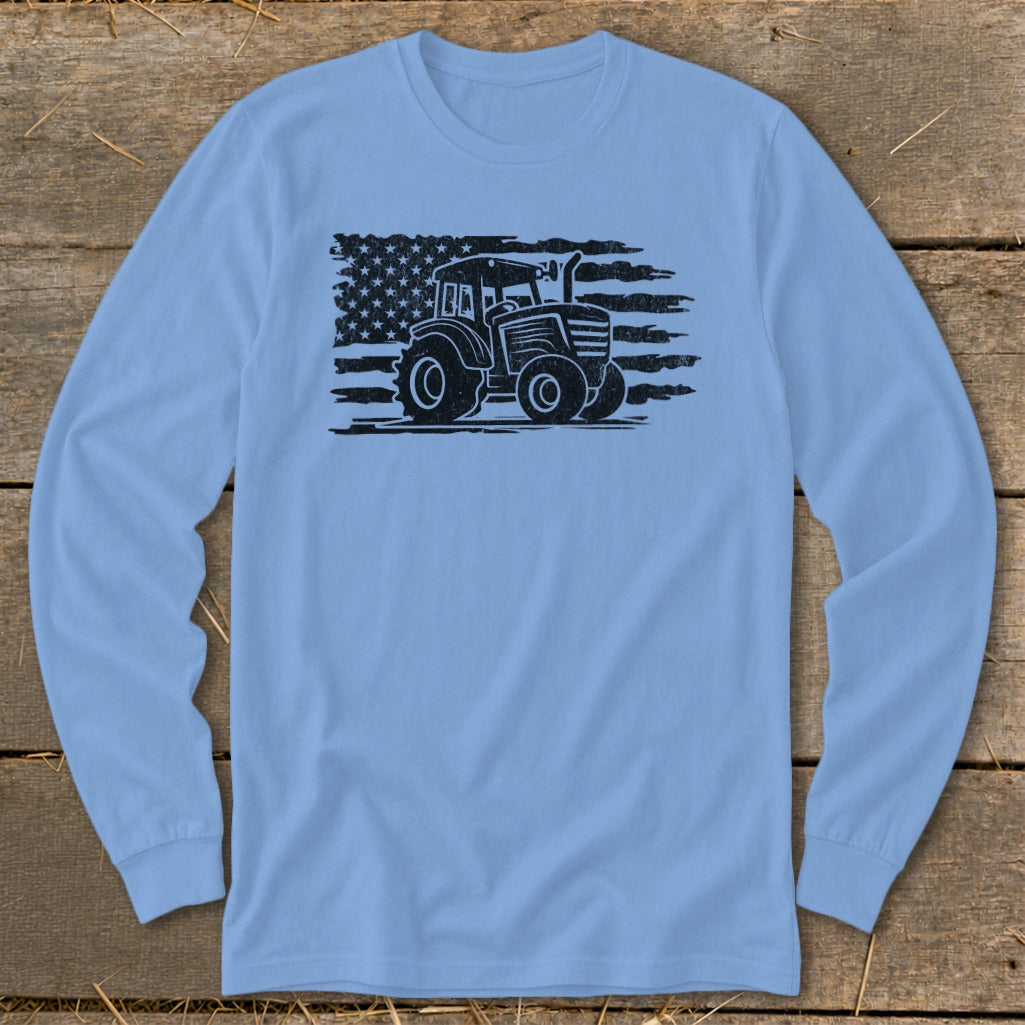 Light blue long sleeve shirt with a distressed tractor and American flag graphic.