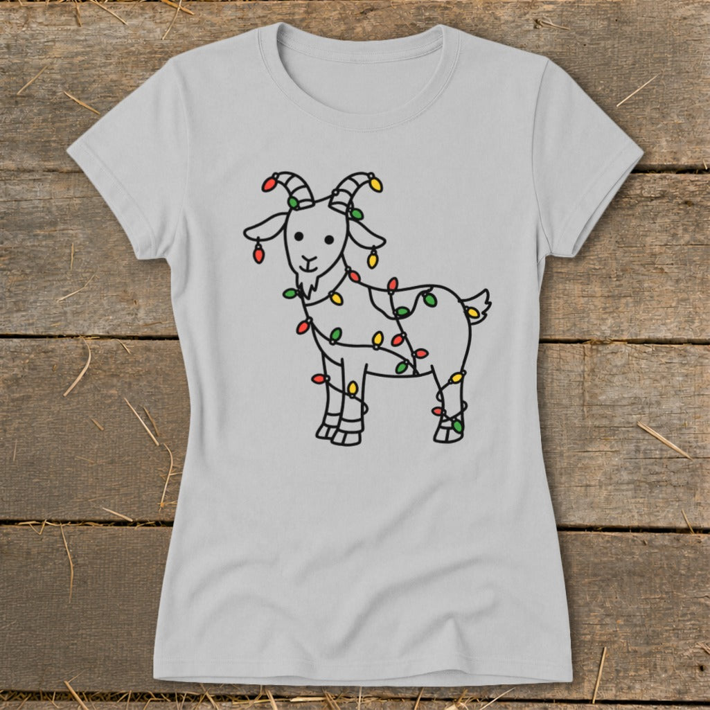 Grey t-shirt with a drawing of a goat wrapped in colorful Christmas lights.