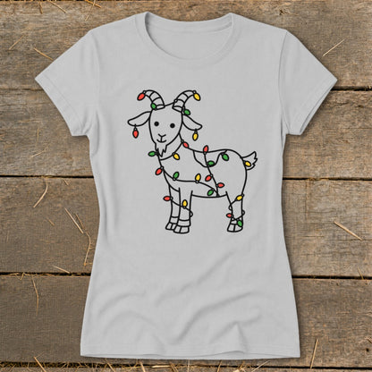 Grey t-shirt with a drawing of a goat wrapped in colorful Christmas lights.
