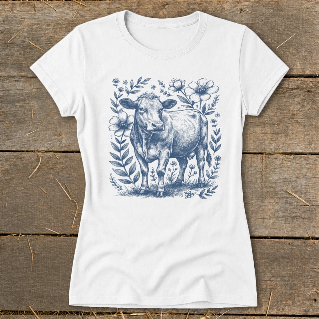 White t-shirt with blue line drawing of a cow surrounded by flowers.