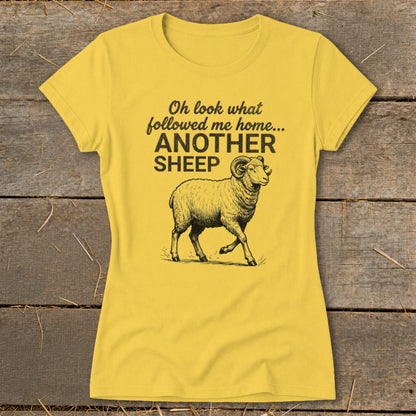 Yellow t-shirt with text "Oh look what followed me home... ANOTHER SHEEP" and a sheep illustration.