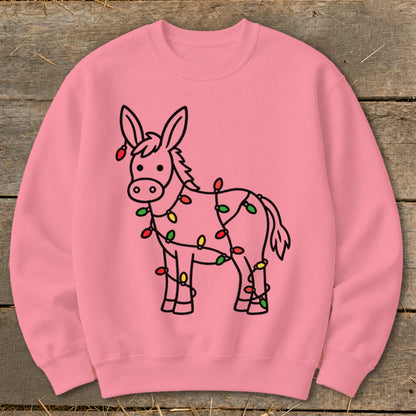 Pink sweatshirt featuring a cartoon donkey entangled in colorful Christmas lights.