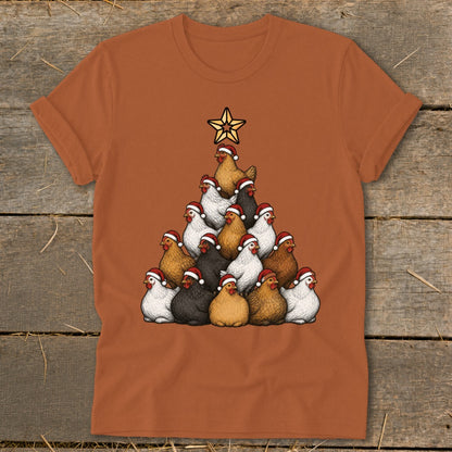 T-shirt features a Christmas tree shape made of chickens wearing Santa hats and a star.