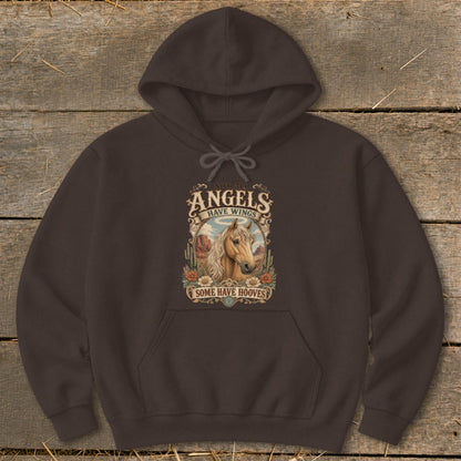 Brown hoodie with a distressed graphic of a horse and text.