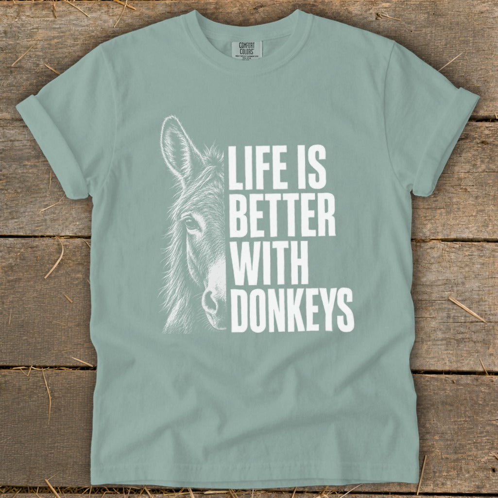 Light blue t-shirt with donkey art and "Life is Better With Donkeys" text.