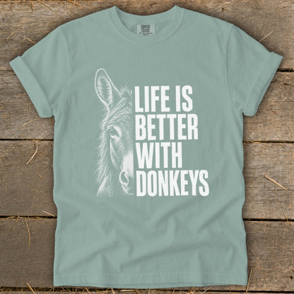 Light blue t-shirt with donkey art and "Life is Better With Donkeys" text.