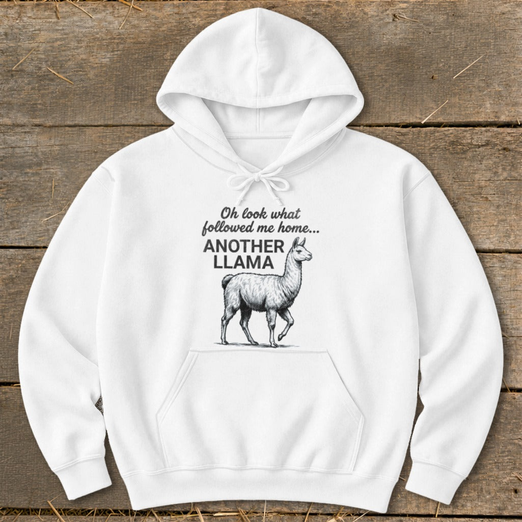 White hoodie with "Oh look what followed me home... ANOTHER LLAMA" text and llama graphic.