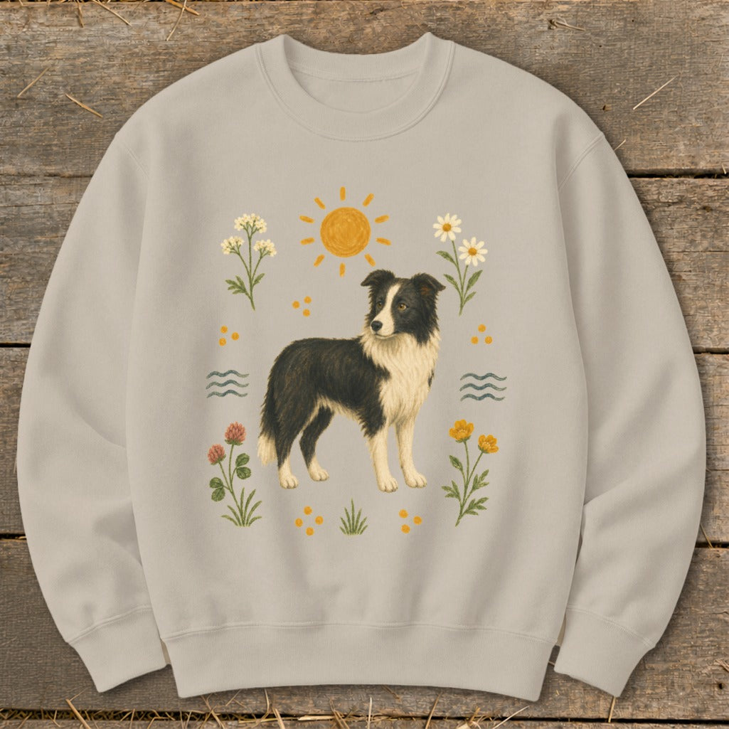 Light gray sweatshirt with a vintage-style Border Collie and floral illustration.