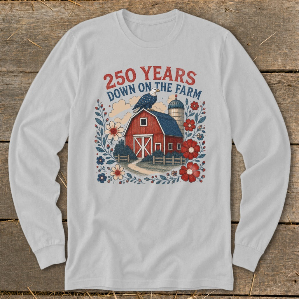 "250 Years Down on the Farm" graphic with red barn, eagle, and flowers.