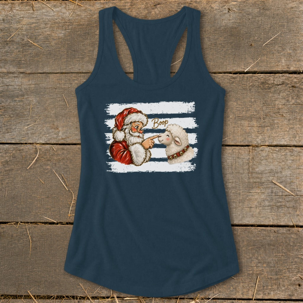 Santa booping a sheep with the word "Boop" above it.