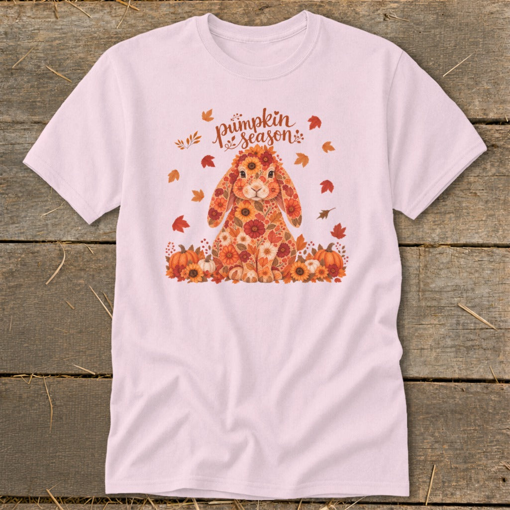 Pink t-shirt with floral bunny and "pumpkin season" text.
