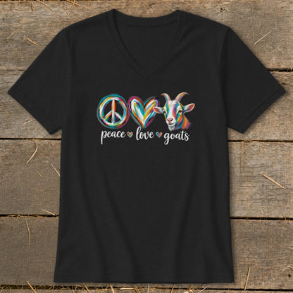 Black v-neck t-shirt with "peace love goats" text and colorful graphics.